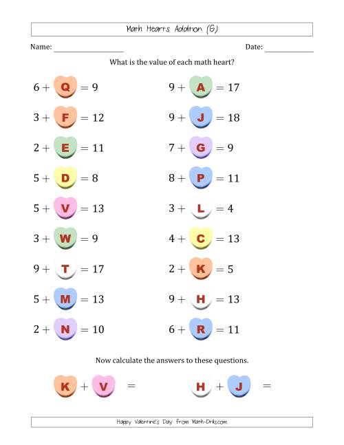 The Math Hearts Addition with Addends from 1 to 9 and Missing Addends from 1 to 9 (Lettered Hearts) (G) Math Worksheet