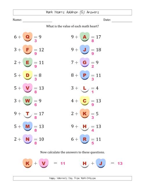 The Math Hearts Addition with Addends from 1 to 9 and Missing Addends from 1 to 9 (Lettered Hearts) (G) Math Worksheet Page 2