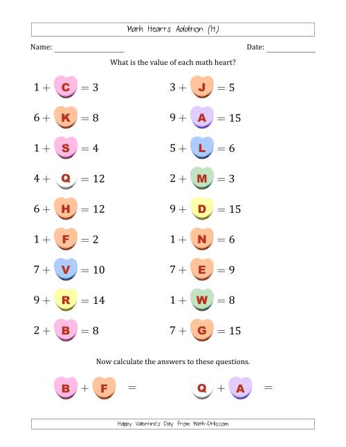 The Math Hearts Addition with Addends from 1 to 9 and Missing Addends from 1 to 9 (Lettered Hearts) (H) Math Worksheet