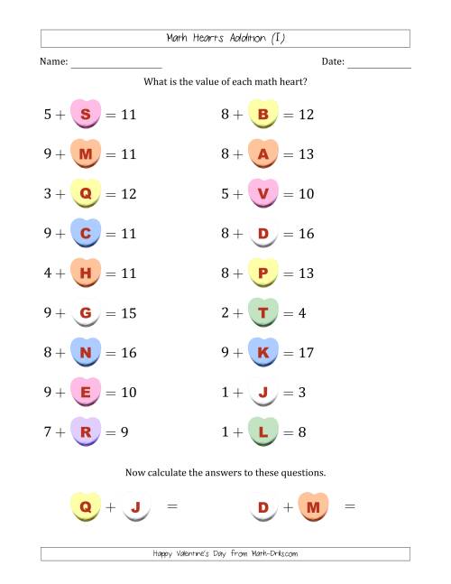 The Math Hearts Addition with Addends from 1 to 9 and Missing Addends from 1 to 9 (Lettered Hearts) (I) Math Worksheet