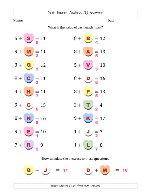 The Math Hearts Addition with Addends from 1 to 9 and Missing Addends from 1 to 9 (Lettered Hearts) (I) Math Worksheet Page 2