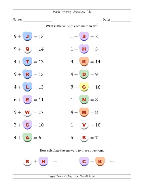 The Math Hearts Addition with Addends from 1 to 9 and Missing Addends from 1 to 9 (Lettered Hearts) (J) Math Worksheet
