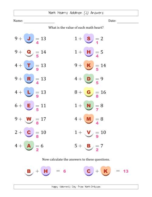 The Math Hearts Addition with Addends from 1 to 9 and Missing Addends from 1 to 9 (Lettered Hearts) (J) Math Worksheet Page 2