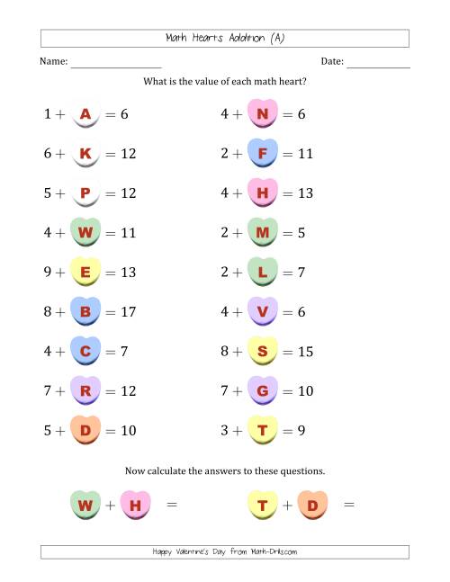 The Math Hearts Addition with Addends from 1 to 9 and Missing Addends from 1 to 9 (Lettered Hearts) (All) Math Worksheet