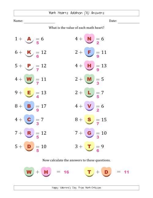 The Math Hearts Addition with Addends from 1 to 9 and Missing Addends from 1 to 9 (Lettered Hearts) (All) Math Worksheet Page 2