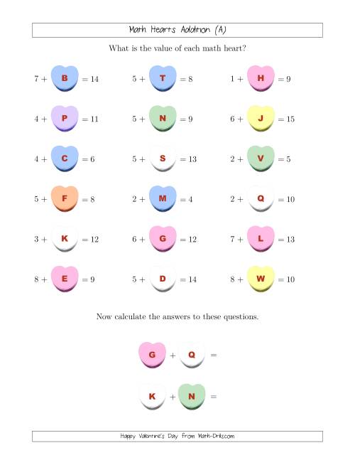 The Math Hearts 1-Digit Addition with a Missing Addend (Lettered) (Old) Math Worksheet