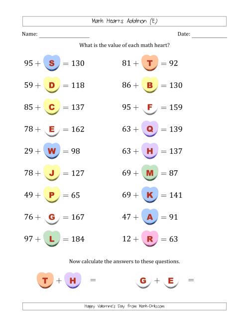 The Math Hearts Addition with Addends from 10 to 99 and Missing Addends from 10 to 99 (Lettered Hearts) (E) Math Worksheet