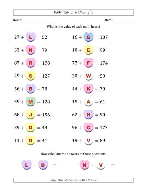 The Math Hearts Addition with Addends from 10 to 99 and Missing Addends from 10 to 99 (Lettered Hearts) (F) Math Worksheet