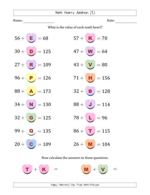 The Math Hearts Addition with Addends from 10 to 99 and Missing Addends from 10 to 99 (Lettered Hearts) (I) Math Worksheet