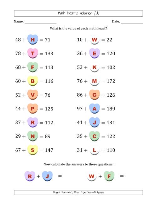 The Math Hearts Addition with Addends from 10 to 99 and Missing Addends from 10 to 99 (Lettered Hearts) (J) Math Worksheet
