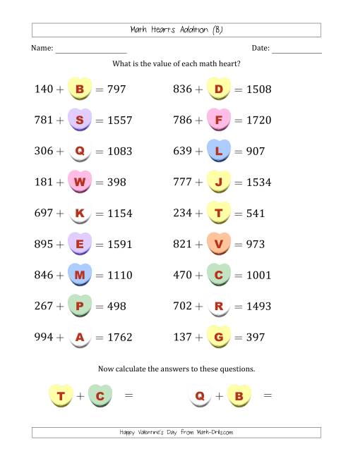 The Math Hearts Addition with Addends from 100 to 999 and Missing Addends from 100 to 999 (Lettered Hearts) (B) Math Worksheet