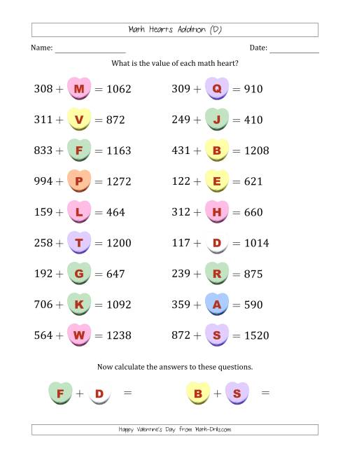 The Math Hearts Addition with Addends from 100 to 999 and Missing Addends from 100 to 999 (Lettered Hearts) (D) Math Worksheet