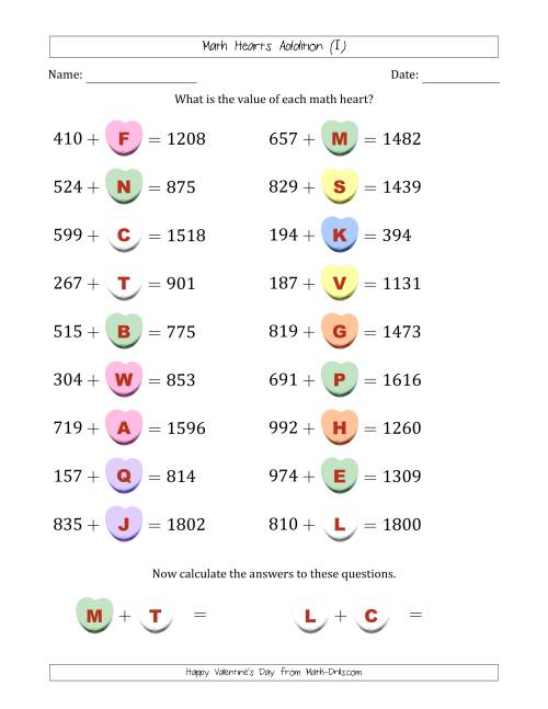 The Math Hearts Addition with Addends from 100 to 999 and Missing Addends from 100 to 999 (Lettered Hearts) (I) Math Worksheet