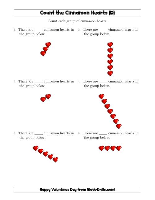 The Counting Cinnamon Hearts in Linear Arrangements (D) Math Worksheet
