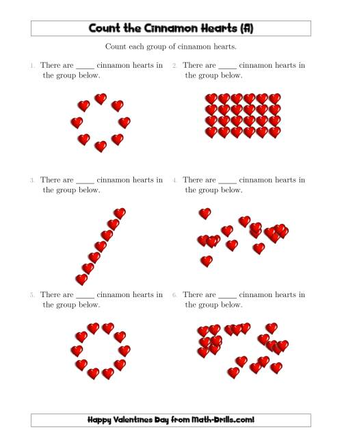 The Counting Cinnamon Hearts in Various Arrangements (A) Math Worksheet