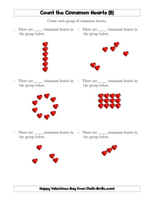 The Counting Cinnamon Hearts in Various Arrangements (B) Math Worksheet