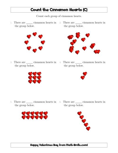 The Counting Cinnamon Hearts in Various Arrangements (C) Math Worksheet