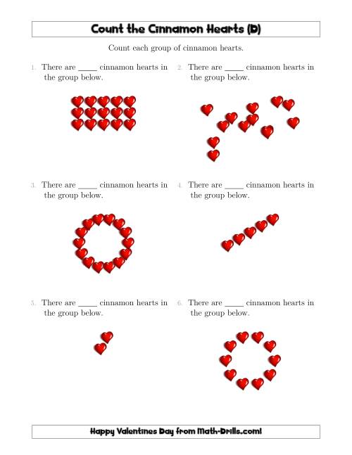 The Counting Cinnamon Hearts in Various Arrangements (D) Math Worksheet