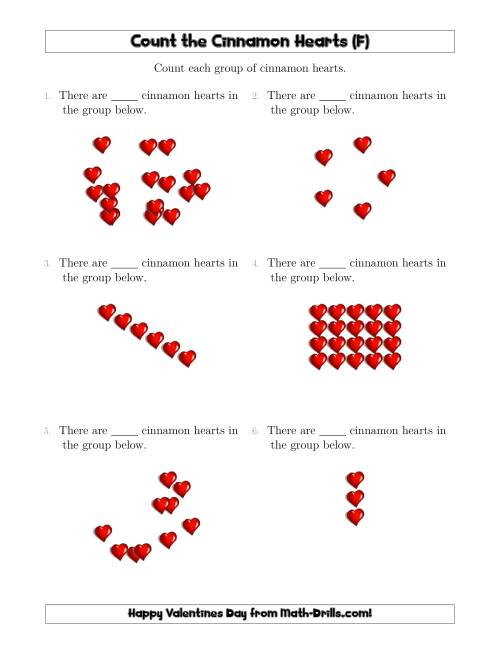 The Counting Cinnamon Hearts in Various Arrangements (F) Math Worksheet