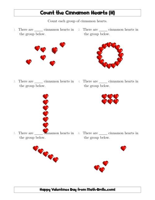 The Counting Cinnamon Hearts in Various Arrangements (H) Math Worksheet