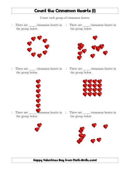 The Counting Cinnamon Hearts in Various Arrangements (I) Math Worksheet