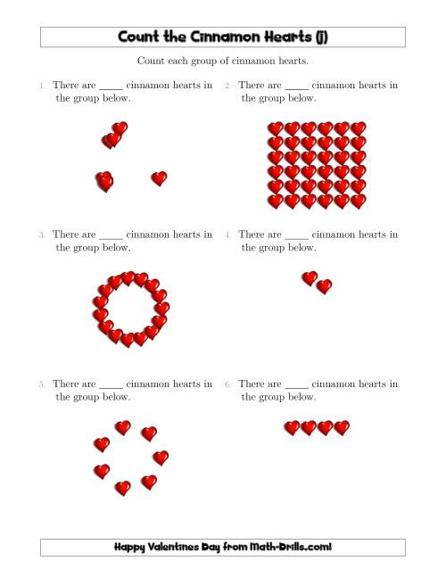 The Counting Cinnamon Hearts in Various Arrangements (J) Math Worksheet
