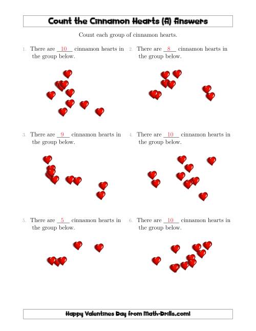 The Counting up to 10 Cinnamon Hearts in Scattered Arrangements (A) Math Worksheet Page 2