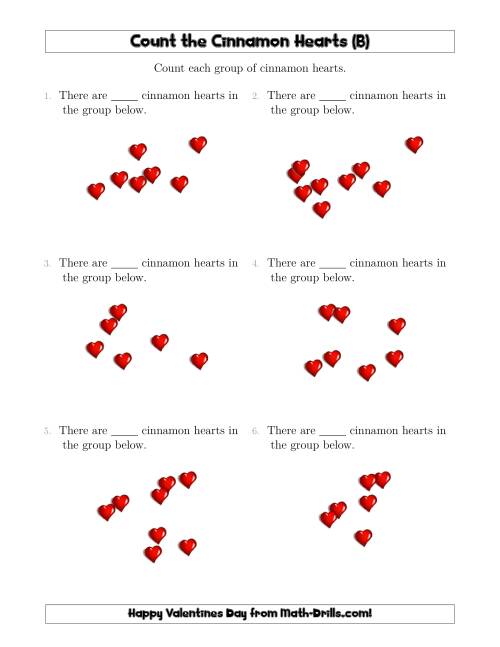 The Counting up to 10 Cinnamon Hearts in Scattered Arrangements (B) Math Worksheet