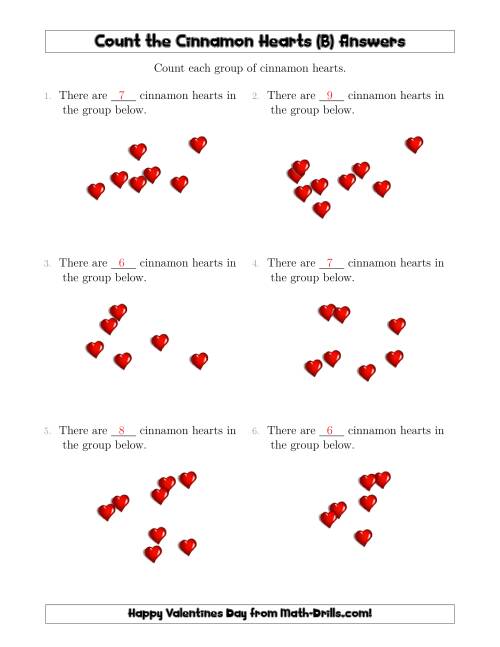 The Counting up to 10 Cinnamon Hearts in Scattered Arrangements (B) Math Worksheet Page 2