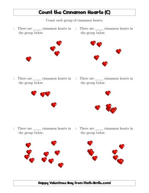 The Counting up to 10 Cinnamon Hearts in Scattered Arrangements (C) Math Worksheet