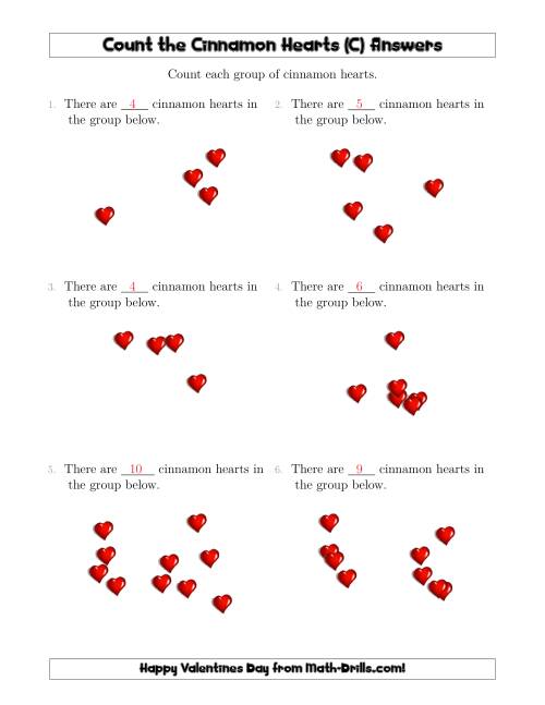 The Counting up to 10 Cinnamon Hearts in Scattered Arrangements (C) Math Worksheet Page 2