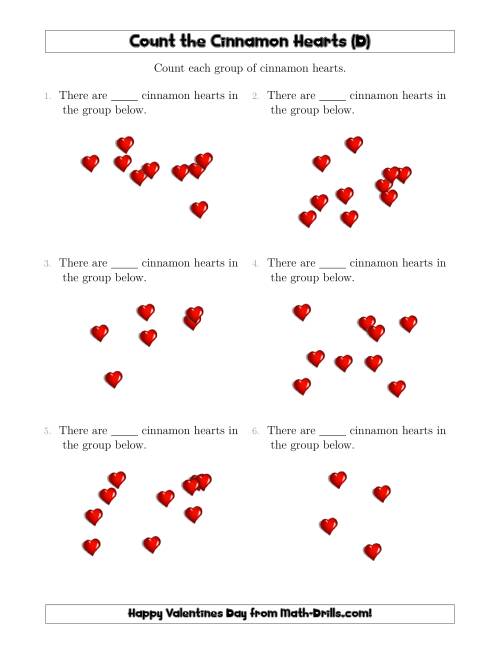 The Counting up to 10 Cinnamon Hearts in Scattered Arrangements (D) Math Worksheet
