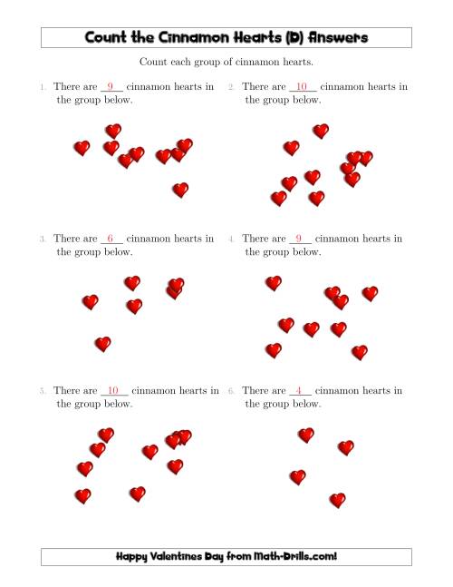 The Counting up to 10 Cinnamon Hearts in Scattered Arrangements (D) Math Worksheet Page 2