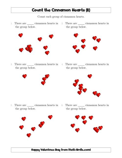 The Counting up to 10 Cinnamon Hearts in Scattered Arrangements (E) Math Worksheet