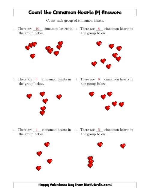 The Counting up to 10 Cinnamon Hearts in Scattered Arrangements (F) Math Worksheet Page 2
