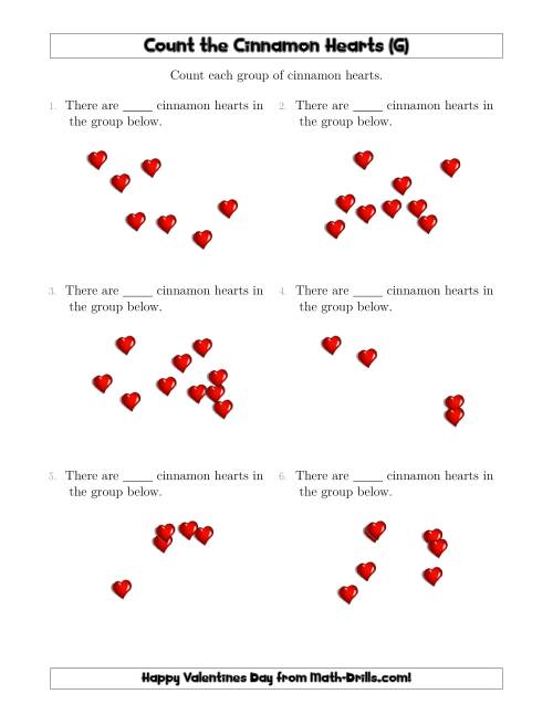 The Counting up to 10 Cinnamon Hearts in Scattered Arrangements (G) Math Worksheet