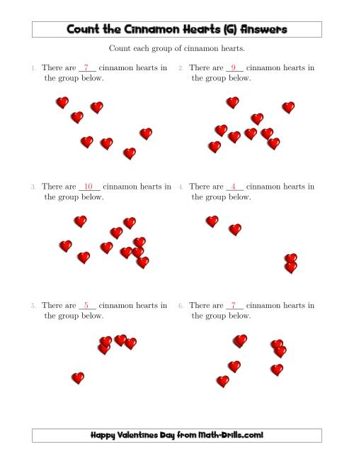 The Counting up to 10 Cinnamon Hearts in Scattered Arrangements (G) Math Worksheet Page 2
