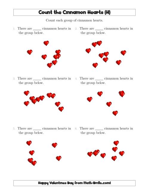 The Counting up to 10 Cinnamon Hearts in Scattered Arrangements (H) Math Worksheet