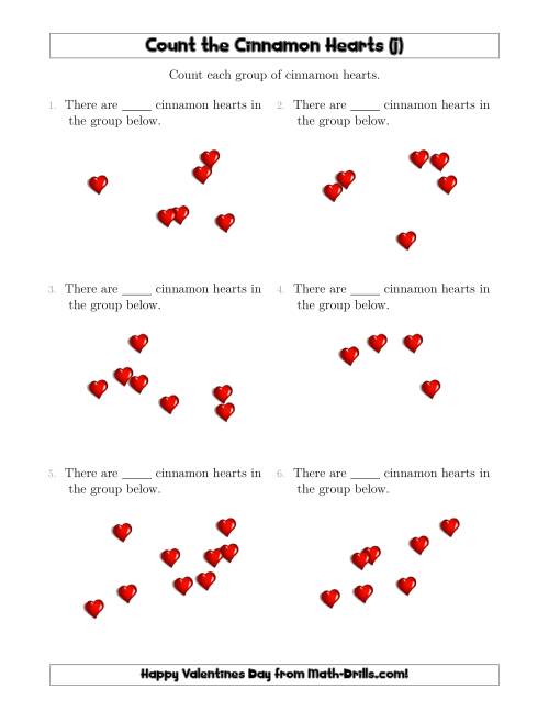 The Counting up to 10 Cinnamon Hearts in Scattered Arrangements (J) Math Worksheet
