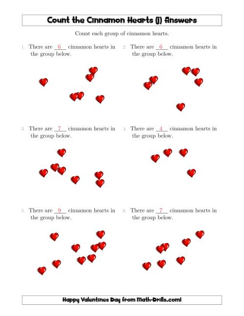 The Counting up to 10 Cinnamon Hearts in Scattered Arrangements (J) Math Worksheet Page 2