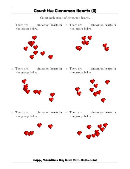 The Counting up to 10 Cinnamon Hearts in Scattered Arrangements (All) Math Worksheet