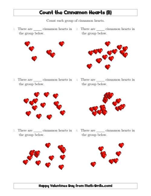 The Counting Cinnamon Hearts in Scattered Arrangements (B) Math Worksheet