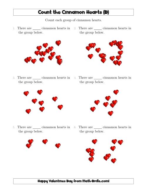 The Counting Cinnamon Hearts in Scattered Arrangements (D) Math Worksheet