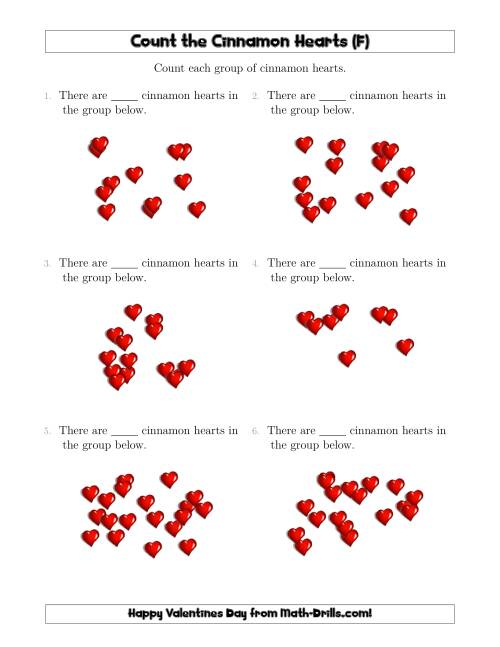 The Counting Cinnamon Hearts in Scattered Arrangements (F) Math Worksheet