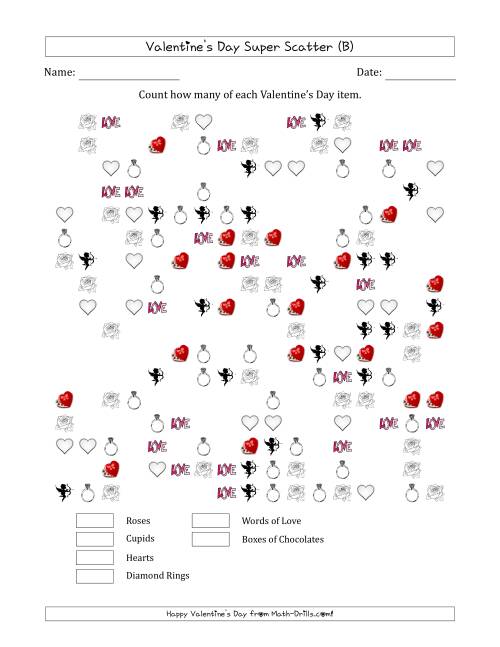 The Counting Valentines Day Items in Super Scattered Arrangements (About 50 Percent Full) (B) Math Worksheet