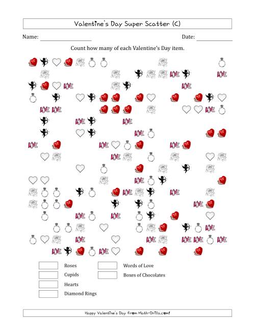 The Counting Valentines Day Items in Super Scattered Arrangements (About 50 Percent Full) (C) Math Worksheet