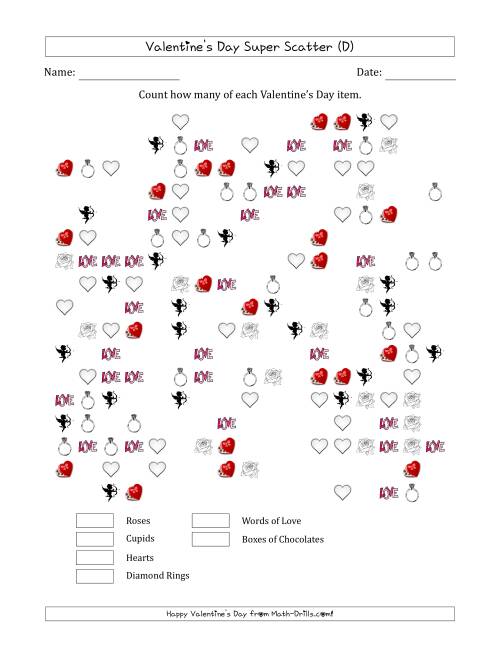 The Counting Valentines Day Items in Super Scattered Arrangements (About 50 Percent Full) (D) Math Worksheet