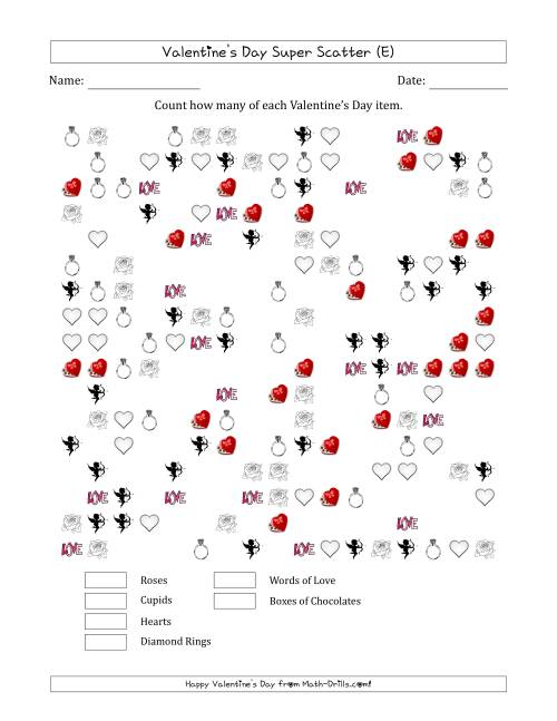 The Counting Valentines Day Items in Super Scattered Arrangements (About 50 Percent Full) (E) Math Worksheet