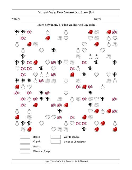 The Counting Valentines Day Items in Super Scattered Arrangements (About 50 Percent Full) (G) Math Worksheet