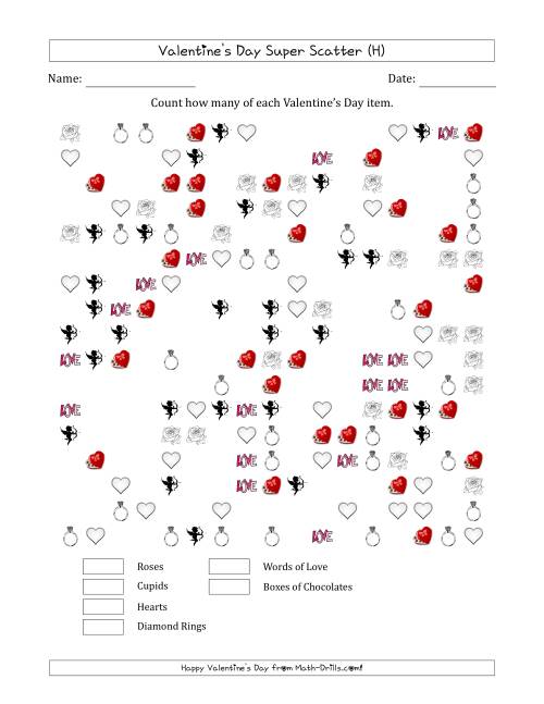 The Counting Valentines Day Items in Super Scattered Arrangements (About 50 Percent Full) (H) Math Worksheet